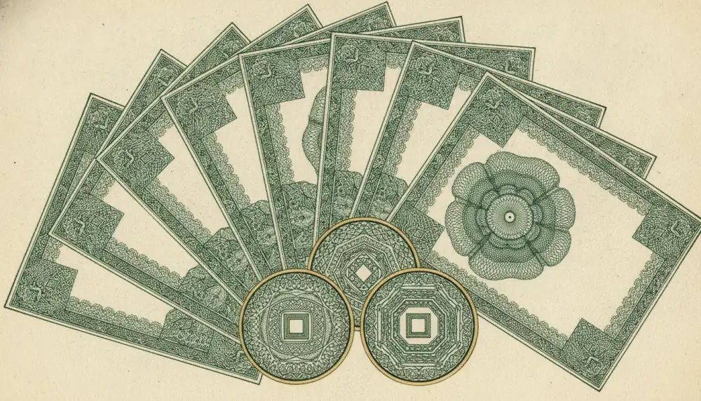 Gravura de cédulas ornamentais em leque com moedas de latão, padrões de guilhoché em verde