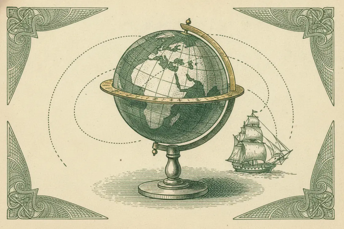 Gravura de globo terrestre sobre pedestal com rotas pontilhadas e veleiro, cantos ornamentados