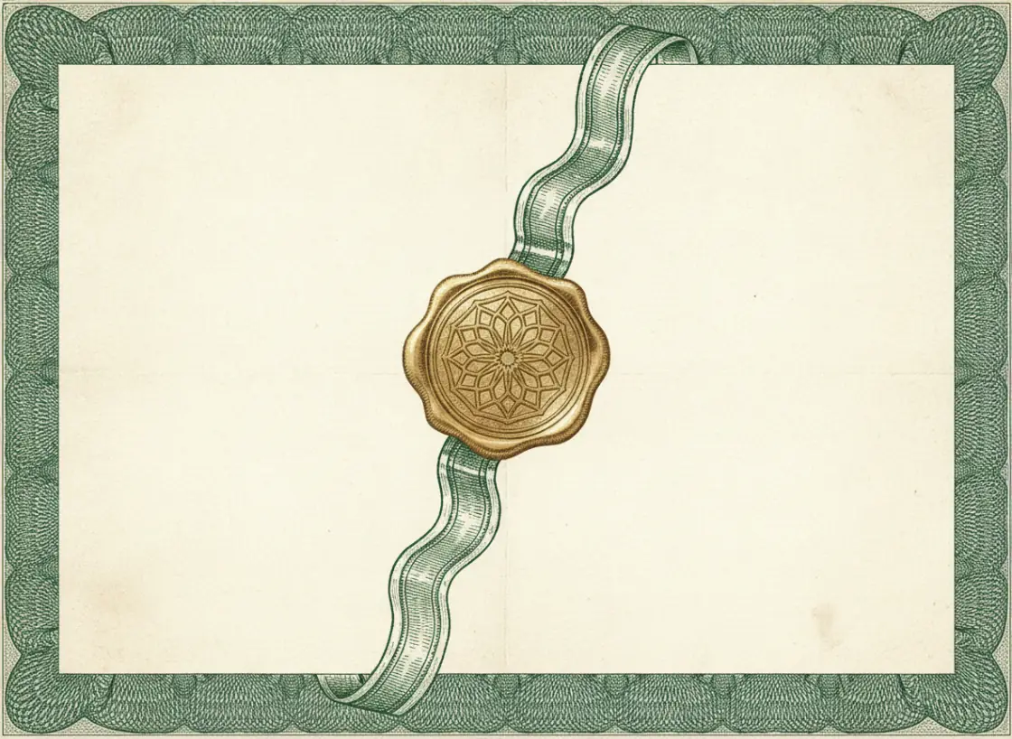 Gravura de certificado com selo de lacre dourado e fita, moldura de guilhoché verde